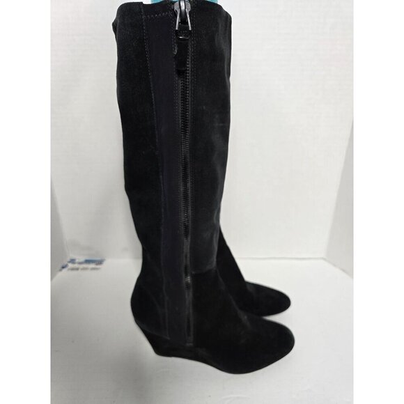 Via Spiga Black Suede Knee High Wedge Riding Boots - Picture 15 of 16